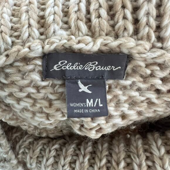 Eddie Bauer Womens Poncho Size M/L Beige Cable Knit Cowl Neck Sweater Shawl Cape - Picture 3 of 6
